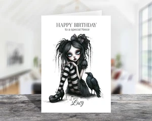 Personalised Gothic Girl and Crow Glossy Birthday Card - Choose Size - Picture 1 of 3