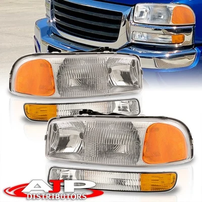 Chrome Fluted OE Style Head Lights + Bumper Lamps For 1999-2006 GMC Sierra 1500 Foto 1 de 4