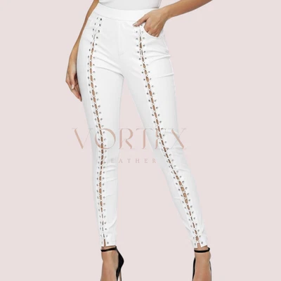 Женские первоклассный овчины кожаные брюки белый шнурует вверх узкие высокая талия ягнят - Изображение 1 из 3