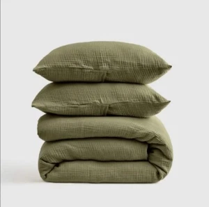 NWT! Quince Organic Cotton Olive Airy Gauze Duvet Cover & Shams King/ Cal K(352) - Picture 1 of 15