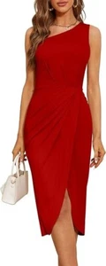 SAMPEEL Ruched Bodycon Dress for Women One Shoulder Midi Wrap Slit zipper Large - Picture 1 of 5