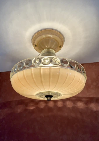 Vtg 1940’s Art Deco Semi-Flush Glass Ceiling Light Fixture Pink & Clear 11” D Cover