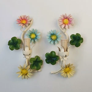 VINTAGE ITALIAN TOLE PAIR WALL SCONCES LIGHT FIXTURE DAISY FLOWERS ITALY ANTIQUE - Picture 1 of 7