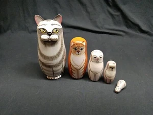 Unique Vintage 6" Matryoshka Wooden Nesting Cats 5 Pcs  - Picture 1 of 12