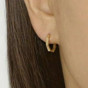 14k Solid Gold Octagon Hoop Earrings, Minimalist Hinged Hoop Earrings, Pair - Picture 1 of 4