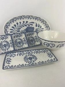 Lot/4 Artisan De Luxe Home MELAMINE Blue Rose Scroll Serving Bowl, Platters - Picture 1 of 17
