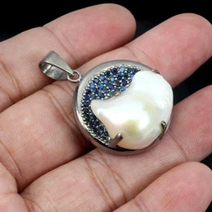 925 Pendente Argento Sterling Rotondo Zaffiro Blu Perla Gemma Gioielli Fatto - Foto 1 di 8