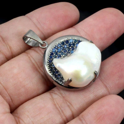 925 Pendente Argento Sterling Rotondo Zaffiro Blu Perla Gemma Gioielli Fatto - Immagine 1 di 4