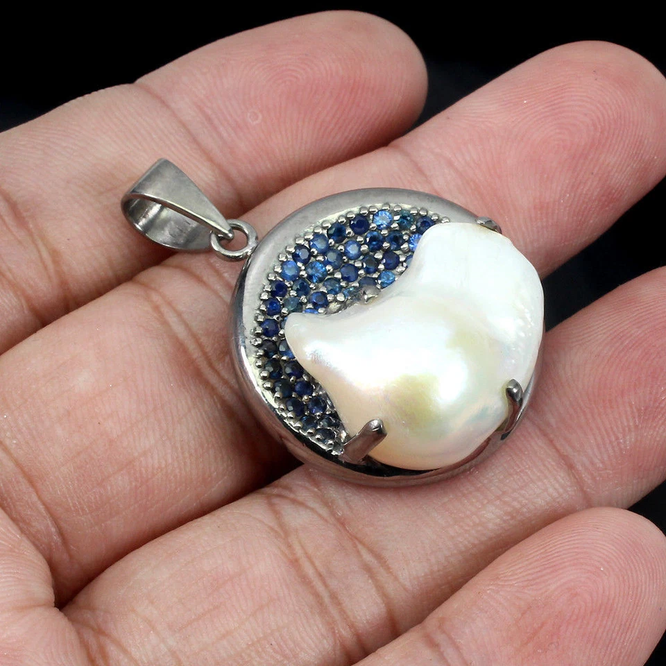 925 Pendente Argento Sterling Rotondo Zaffiro Blu Perla Gemma Gioielli Fatto - Immagine 1 di 4