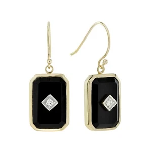 9K Yellow Gold Diamond and Onyx Art Deco Style Octagon shaped Drop Earrings - Picture 1 of 9