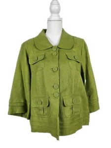 Susan Bristol 100 % Leinen Damen große grüne Jacke Knopf Mantel Taschen - Bild 1 von 8