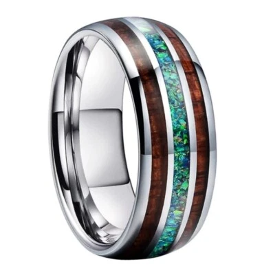 8 毫米蓝色/绿色蛋白石和木质镶嵌硬质合金环圆顶凹槽抛光 — 第 1/4 张图片