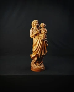 Statue Vierge à l'Enfant en bois de chêne sculpté Art religieux Allemand XXème - Imagen 1 de 13