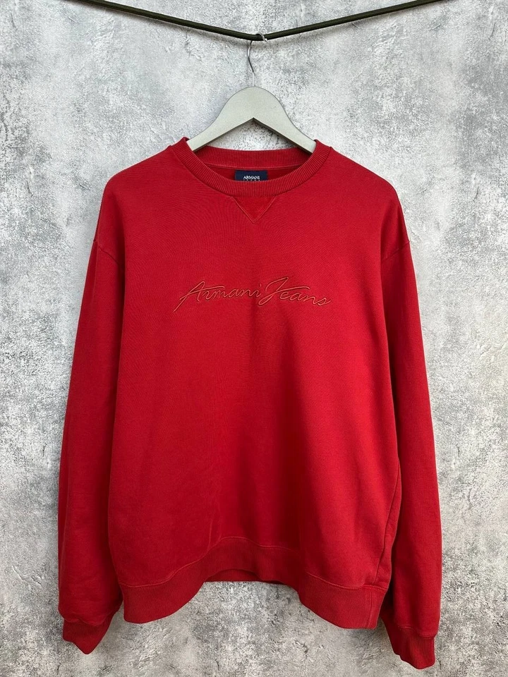 Sudadera de algodón bordada con logotipo de Armani Jeans roja cuello redondo para hombre talla XXL Foto 1 de 4