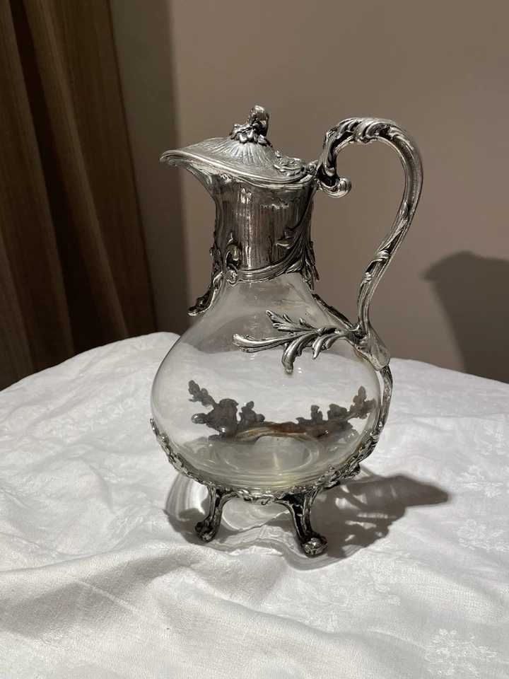Aiguière Carafe Argent 925 Et Verre Souffler Ancienne 900 Gr - Photo 1/4