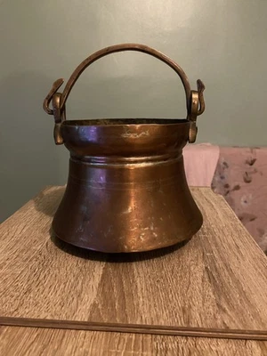 Vintage Very Old Hammered Copper Hanging Cauldron Planter Pot with Handle - Image 1 of 4