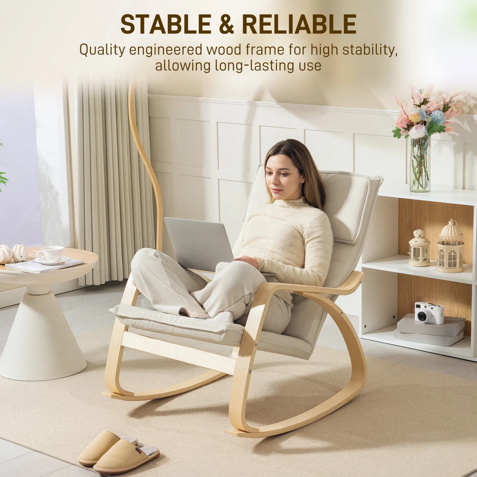 Recliner Chair Cream White Linen Foam 67x92x89cm High Back Rocking Ergonomic Sit - Image 1 of 4