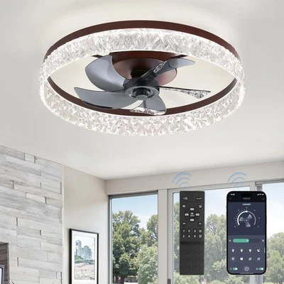 22" LEDIARY Ceiling Fan with Light & Remote, 6 Speeds, Dimmable Crystal Flush Mo - Image 1 of 4