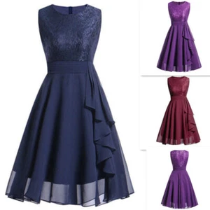 Damen Vintage Festlich Hochzeit Cocktail Chiffon Knielang Spitzen Kleid 36-44 DE - Bild 1 von 14