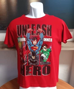Justice League DC Kids T-Shirt Size Large Boys Girls Red Batman Superman Flash - Picture 1 of 6