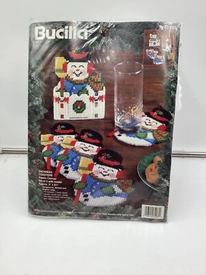 Bucilla Snowman Coasters Plastic Canvas Kit 61186 sealed NOS 1995 Christmas - Image 1 of 2