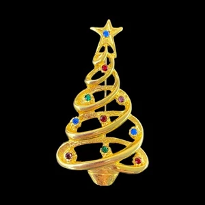 Christmas Tree Brooch Pin Spiral Rhinestones Gold Tone Star - Bild 1 von 7