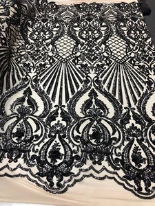 Black Damask Design Sequin Fabric Nude Mesh 4 Way Stretch Mesh Lace By The Yard - Picture 1 of 6