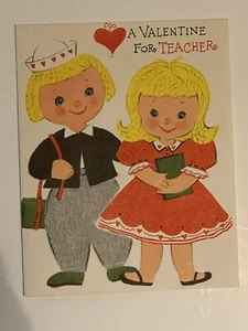 Vintage Sammlerstück Valentinstag Grußkarte Valentinstag Lehrer Junge und Mädchen - Bild 1 von 8