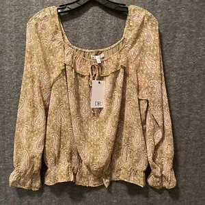NEW DR2 Daniel Rainn Blouse Womens M Green Paisley Ruffle Off Shoulder Boho Top - Picture 1 of 10