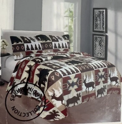 spring Home Lodge Bedspread Queen  Size Quilt with 2 Shams. Cabin 3-Piece Revers - Image 1 of 4