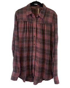 Free People Plaid Button Shirt Collared Purple Gathered Relaxed Womens Medium - Picture 1 of 11