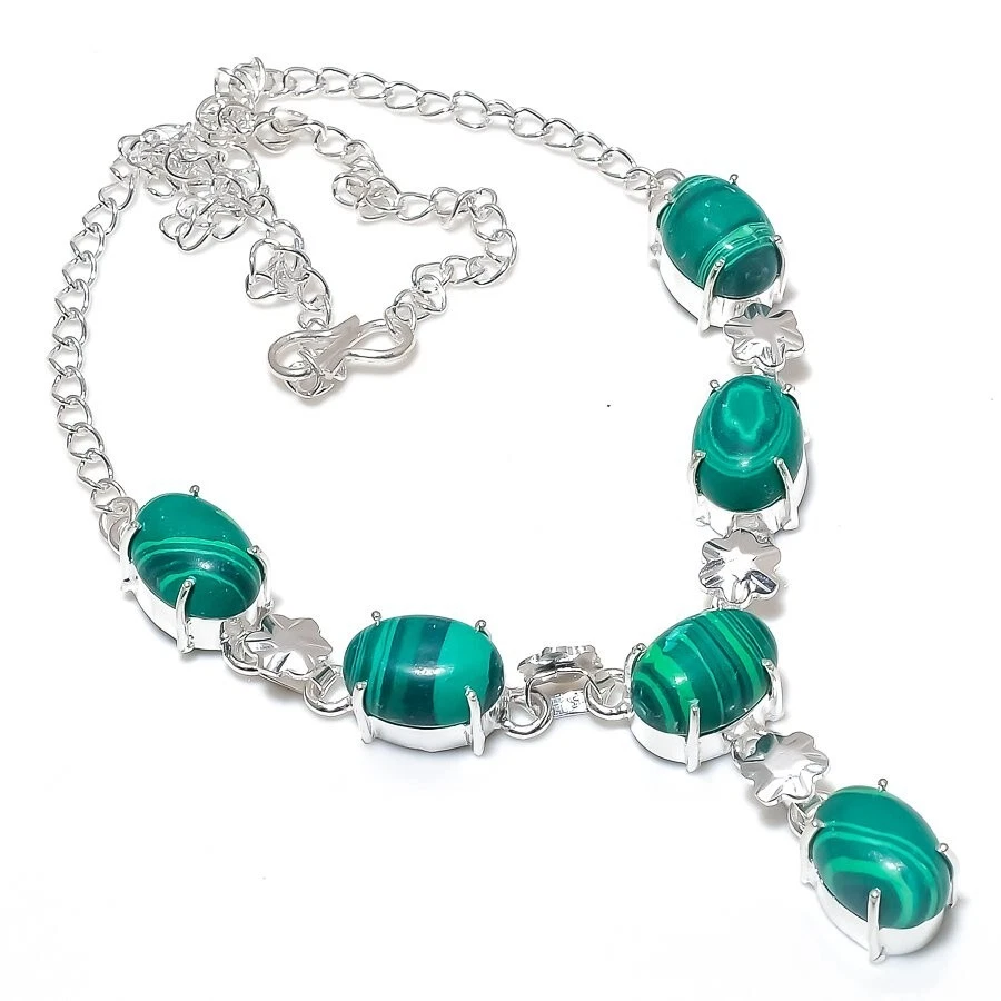 Green Malachite Gemstone Handmade 925 Sterling Silver Jewelry Necklace Size 18" - Image 1 of 1