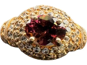 Anello argento sterling 925 placcato oro pietre preziose tormalina rossa strass misura 8 - Foto 1 di 10