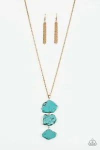 Necklace Long Turquoise Stones On The Roam Again Gold Paparazzi Vintage Rare - Picture 1 of 2