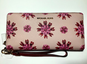 Portefeuille continental Michael Kors Travel imprimé bijou rose doux ultra rose neuf avec étiquettes 168 $