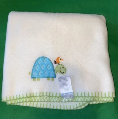 Garanimals Cream Baby Blanket Plush Fleece Turtle Bird Green Stitched Edge Lovey - Image 1 of 3