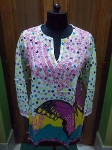 IMPRESIÓN MARIPOSA S XS 2X ÉTNICO HECHO A MANO 100% ALGODÓN TOP BORDADO KURTI CHIKAN - Imagen 1 de 8