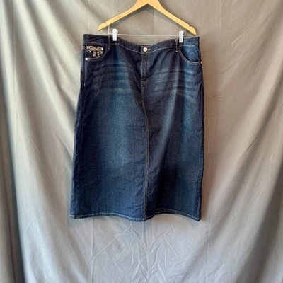 Falda vaquera Baccini para mujer 24W azul embellecida bolsillos elásticos midi Foto 1 de 4