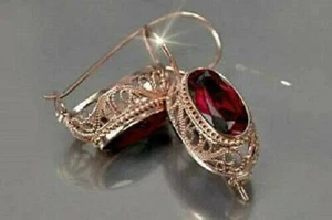Ohrhänger & Ohrhänger 2 kt ovaler attraktiver geschliffener roter Granat 14 K Gelbgold - Bild 1 von 5
