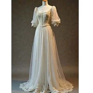 Vestido de novia victoriano vintage apliques de encaje línea A vestido de novia medias mangas - Imagen 1 de 6