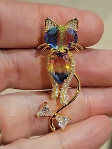 Fashion Jewelry Cat Brooch Gold Tone metal Fantasy Rhinestones - Picture 1 of 7