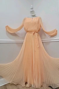 Vintage 70er Miss Elliette Apricot Akkordeon Plissee Chiffon Maxi Hostess Kleid - Bild 1 von 16