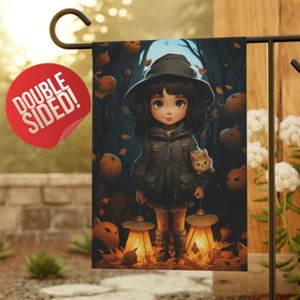 Cute Halloween Garden Flag, Little Kid Witch Costume Cat, Modern Farmhouse Gift - Picture 1 of 13