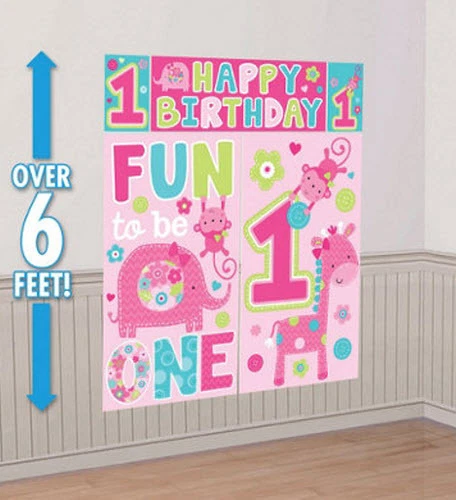 Girl 1st Happy Birthday Party Scene Setter wall BACKDROP animal FUN TO BE 1 - Image 1 of 1