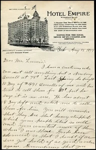 NEW YORK, NY ~ HOTEL EMPIRE~ 2 PAGE LETTER, 2 ILLUSTRATED LETTER SHEETS 1899 - Picture 1 of 3