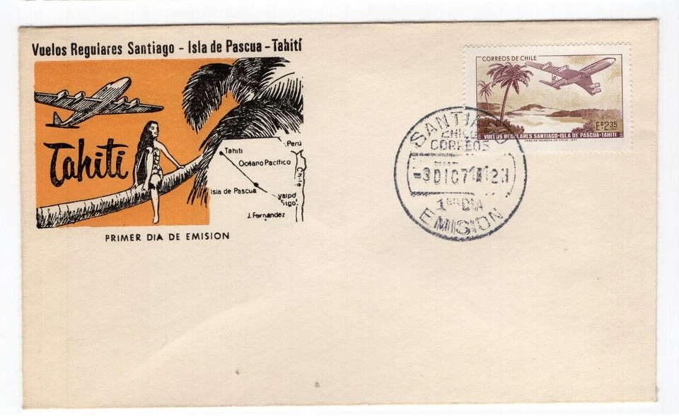 CHILE 1971 Isla de Pascua Easter Island Ile de Paque Moai FDC Tahiti - Image 1 of 1