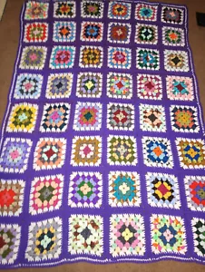 NEW HAND MADE PURPLE Multi-Color GRANNY SQUARES AFGHAN (lot#168) - Picture 1 of 2