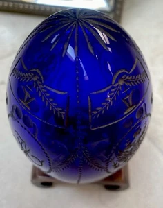 Russia Etched Egg Vintage Gold Cobalt Blue Flat Bottom 3.75 on Stand READ! - Picture 1 of 7