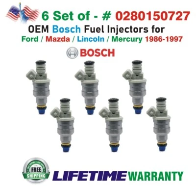 OEM Bosch x6 Fuel Injectors for 1986-1997 MERCURY/FORD/LINCOLN/MAZDA #0280150727 - Image 1 of 4