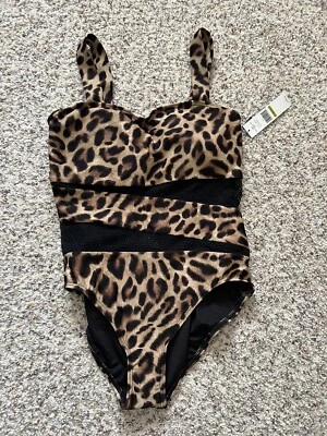 Nuevo con etiquetas Traje de baño de una pieza Carmen Marc Valvo malla/impresión animal beige marrón talla 14 Foto 1 de 3